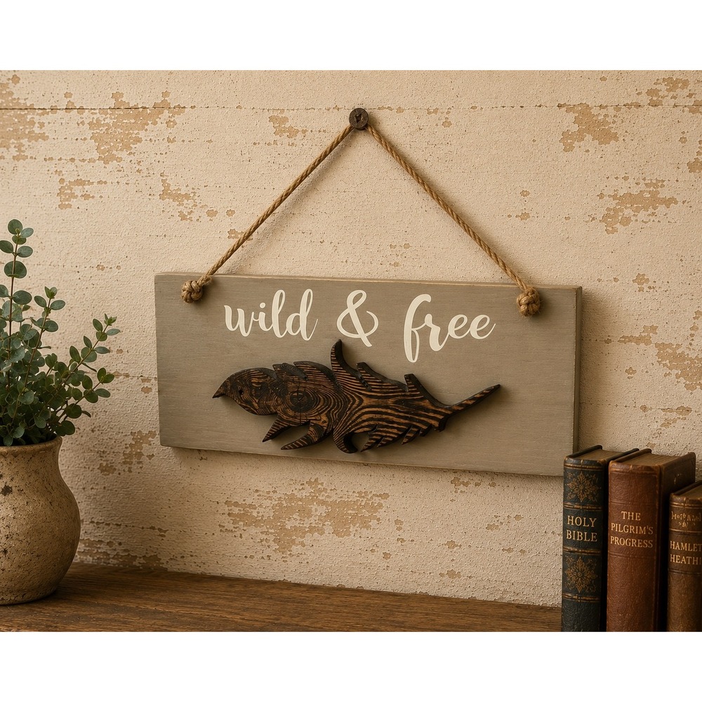 Handmade Wild &‎ Free Wooden Sign Rustic Feather Wall Decor 18x7 Wood Art